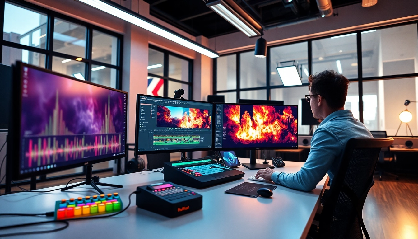 Editing & Post-Production setup showcasing a professional video editor in a lively workspace.