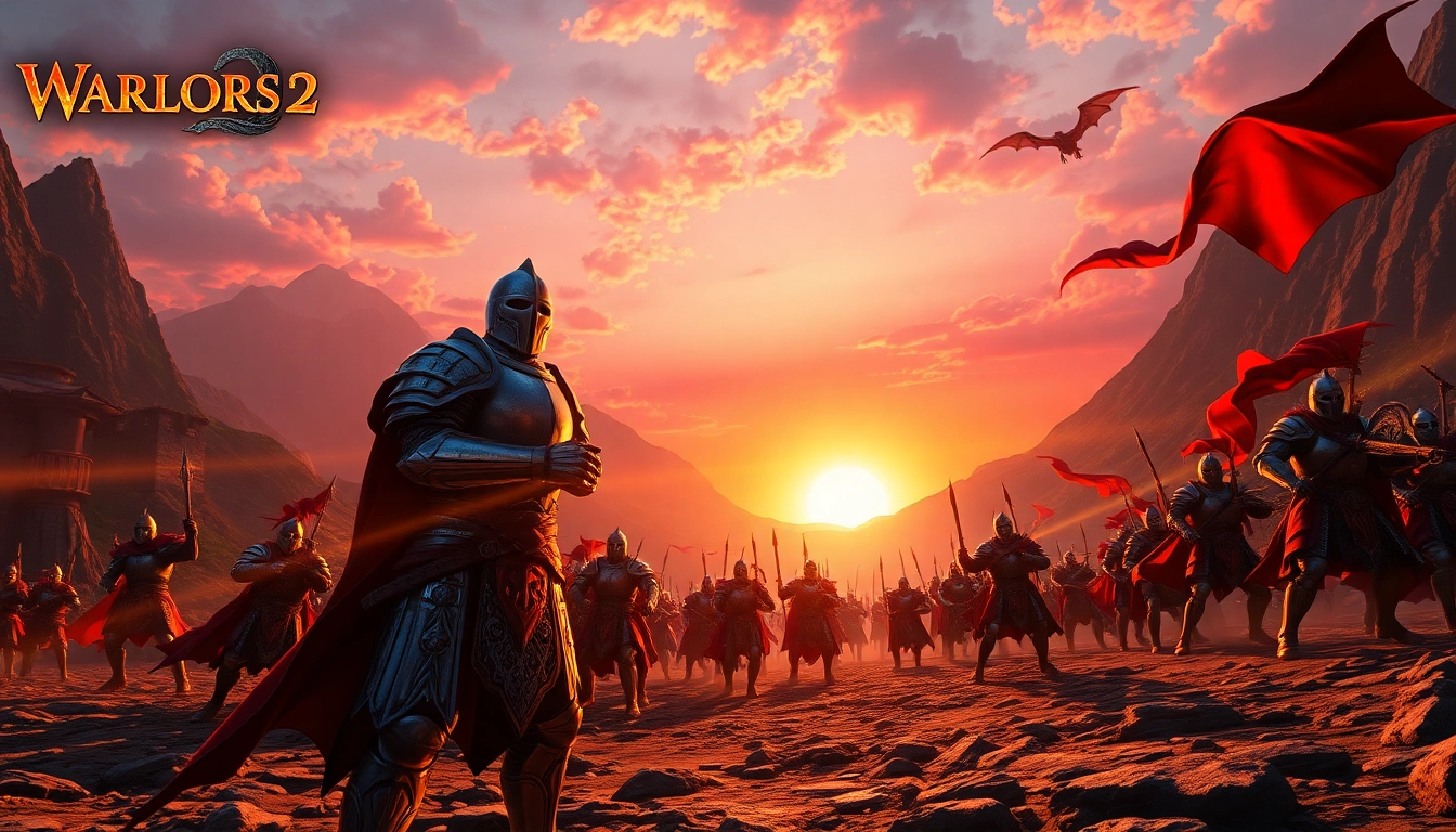 Action-packed scene from Warlords 2 featuring knights and mythical landscapes.