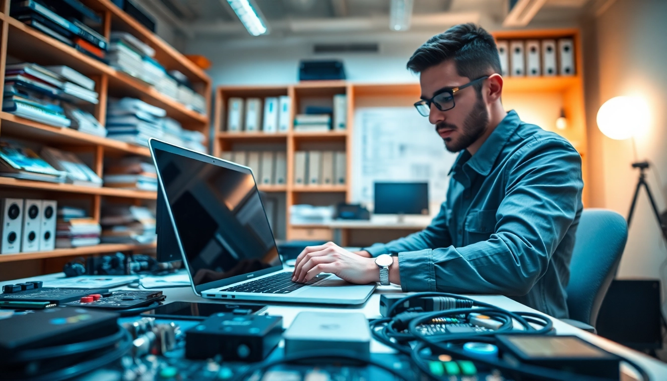 Showcasing a computer service technician expertly repairing a device in a professional setting.