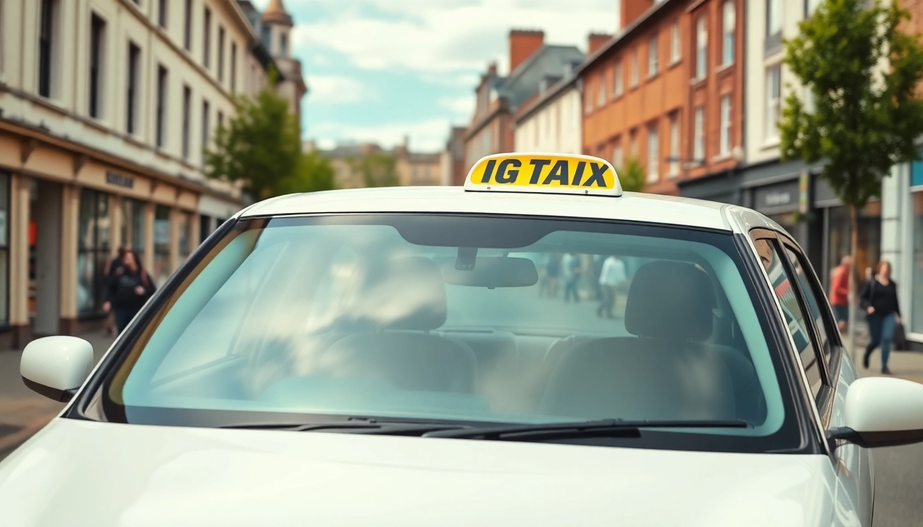 Book a reliable Canterbury city centre taxi service with a modern vehicle driving past historic landmarks.