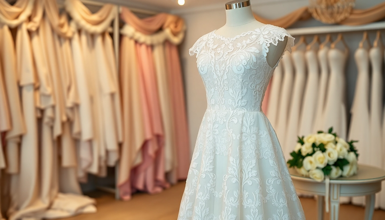 Bridal mannequin showcasing an elegant Lace Wedding Dress with intricate lace patterns and soft lighting.