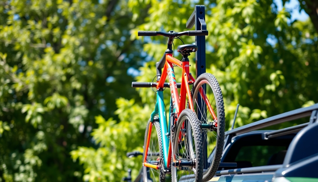 Utilize a vertical bike rack to securely transport multiple bikes in a bright outdoor scene.