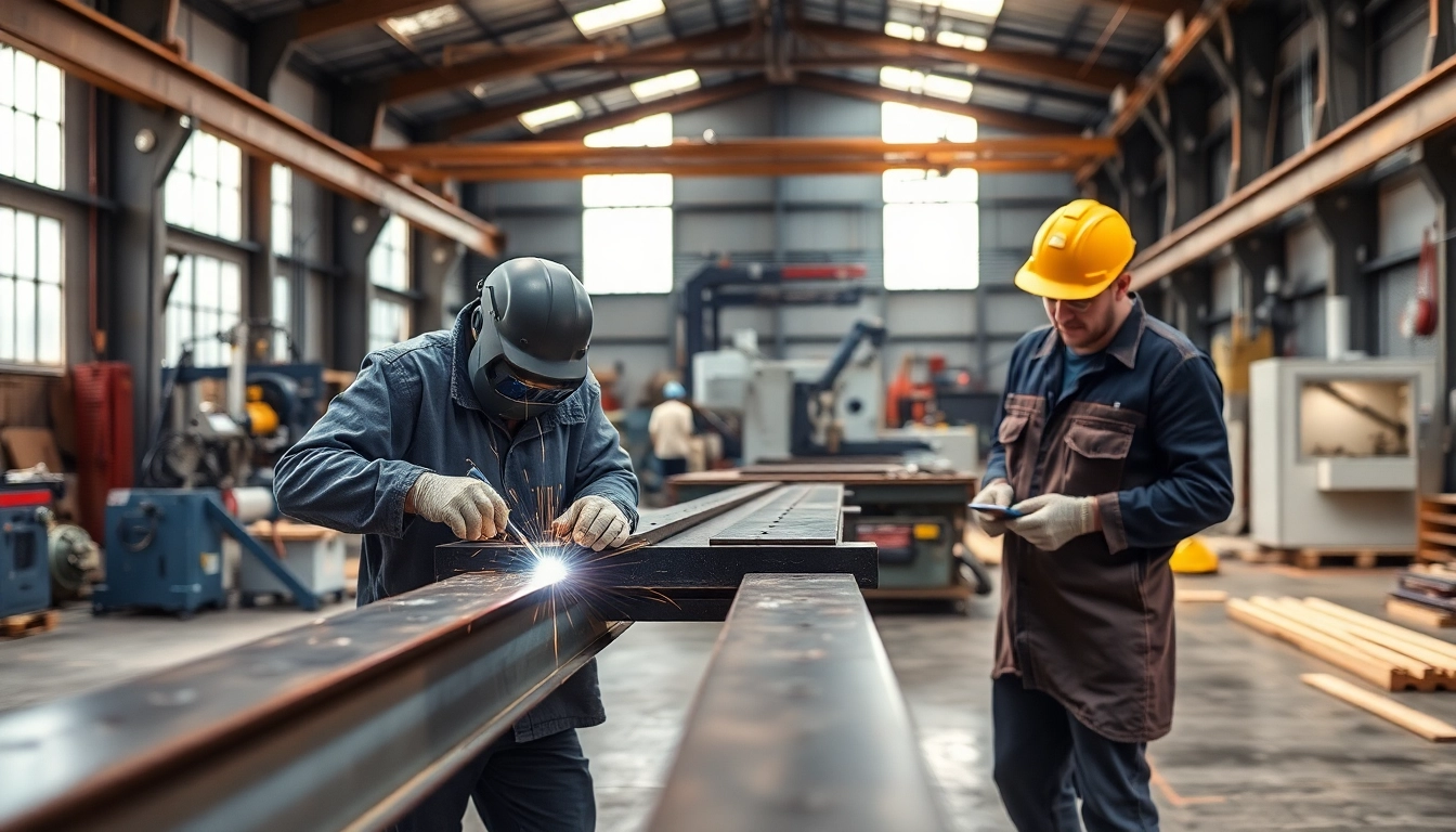 Craftsman performing structural steel fabrication with advanced machinery in a vibrant workshop.