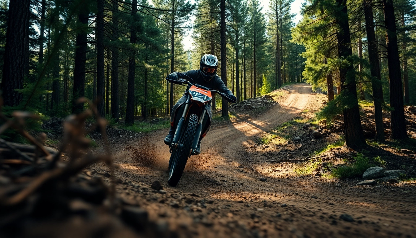 Rider skillfully maneuvering through dirt bike singletrack trail amid rugged terrain.