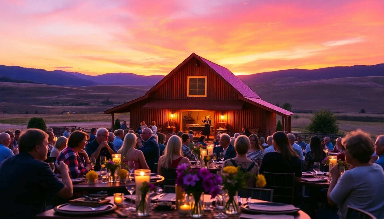 Engaging firelight barn photos showcasing vibrant sunset ambiance and lively dinner theater experience.