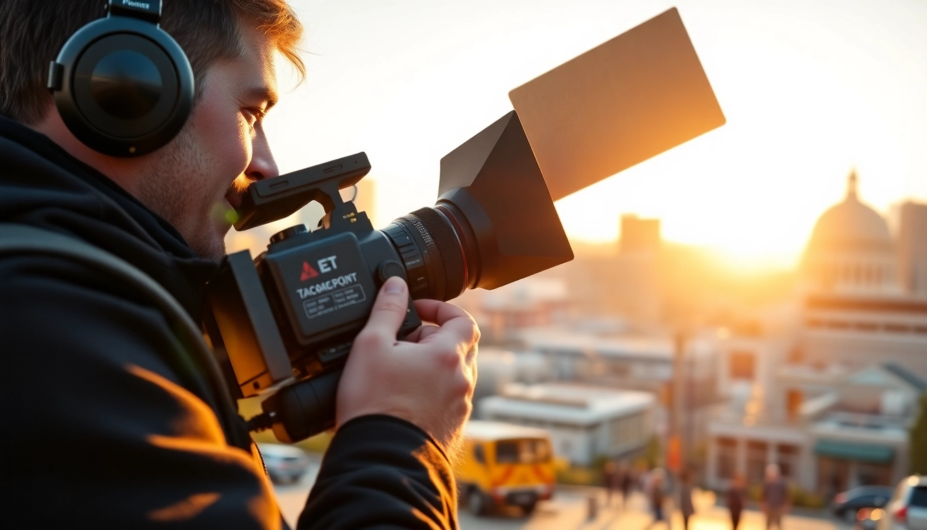 Capturing captivating tacoma video production with a professional videographer in action against the city backdrop.