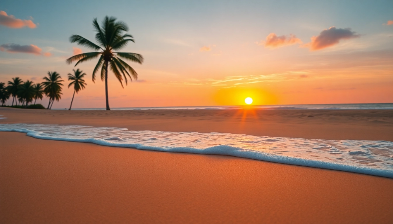 Stunning beach sunset highlighting serene travel destinations with golden sands.