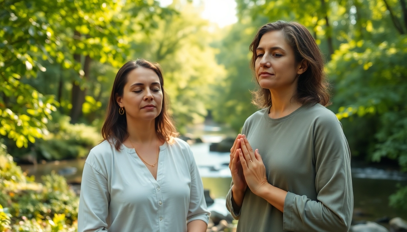 Practicing relaxation techniques while dealing with stress in a serene outdoor setting.