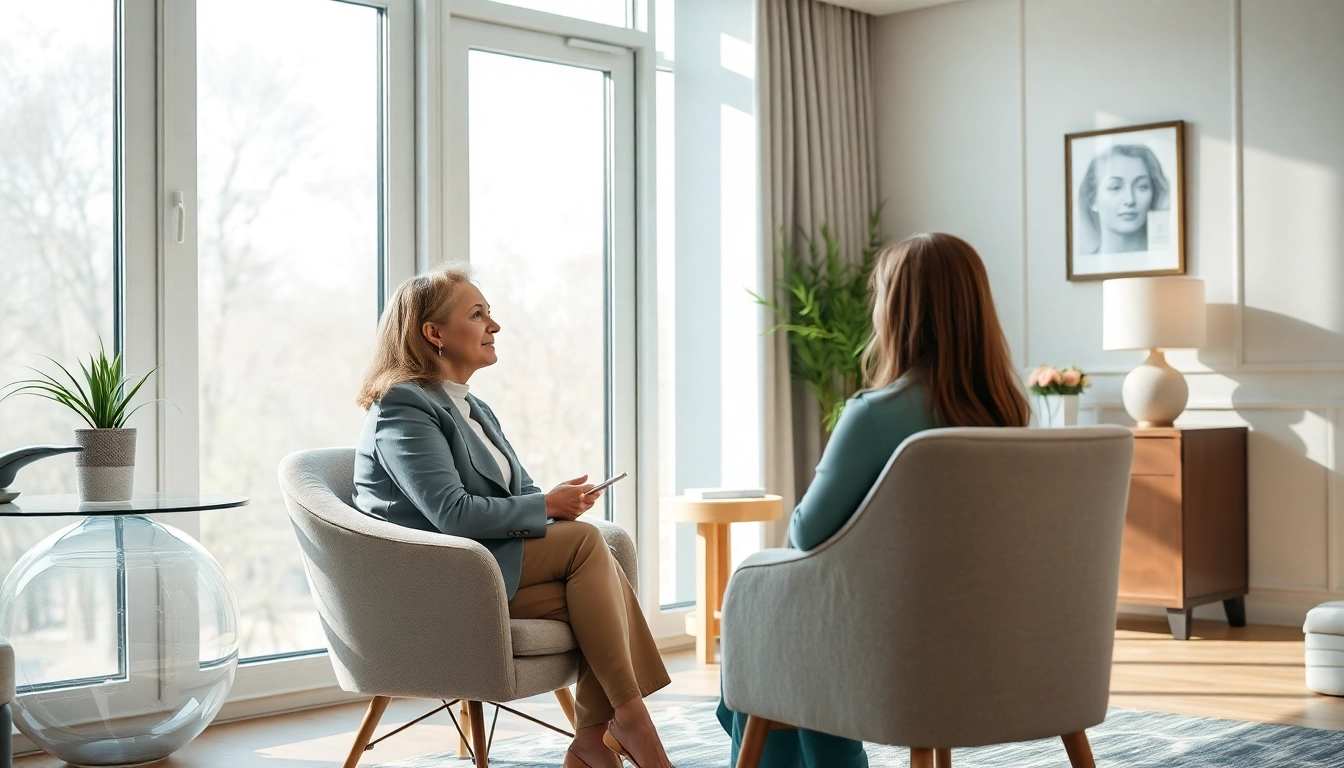 Hipnoterapeuta Warszawa rozmawia z klientem w relaksującej atmosferze w eleganckim gabinecie.