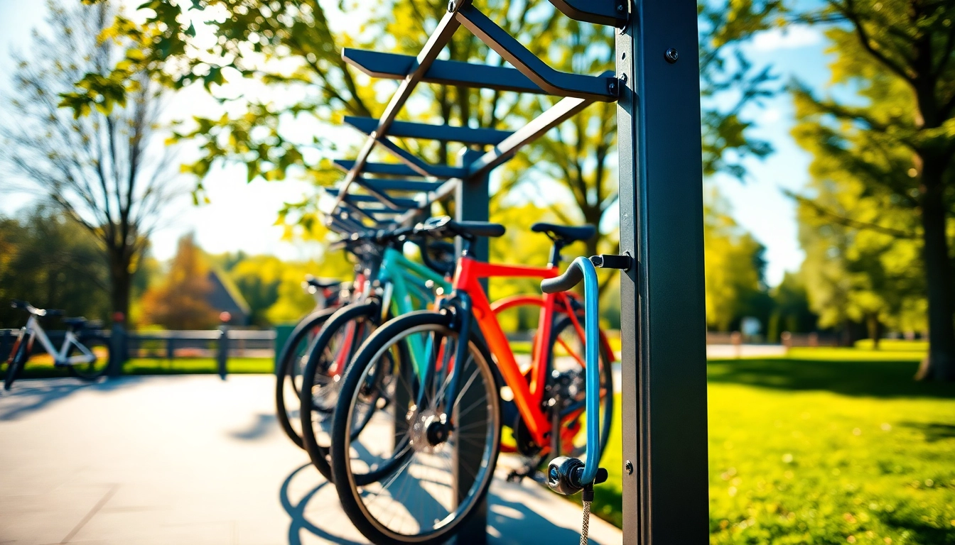 Showcase of a Vertical bike rack holding colorful bicycles in a vibrant outdoor setting.