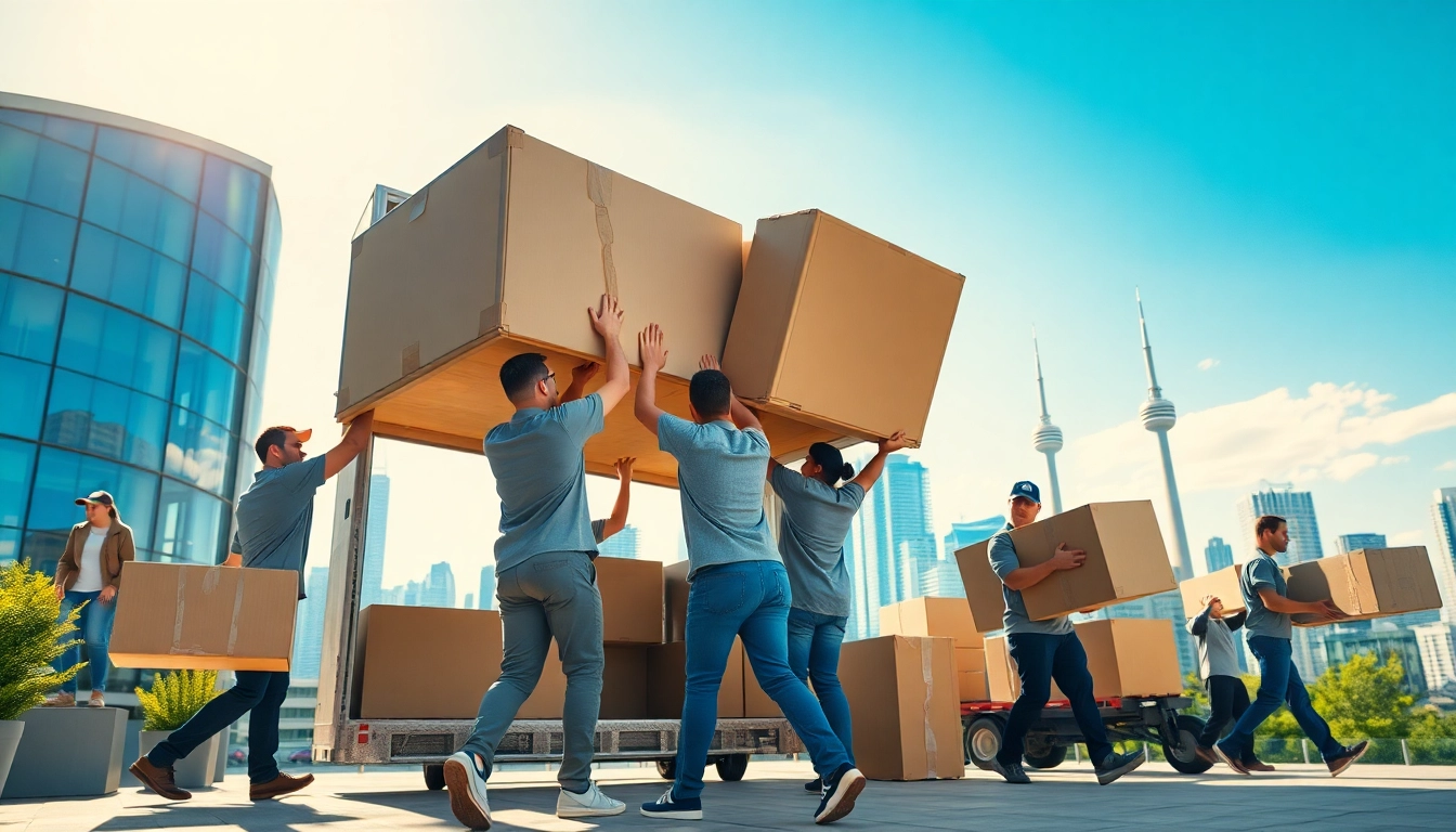 Showcasing moving services in Toronto, professional movers efficiently transport furniture in a bustling city environment.