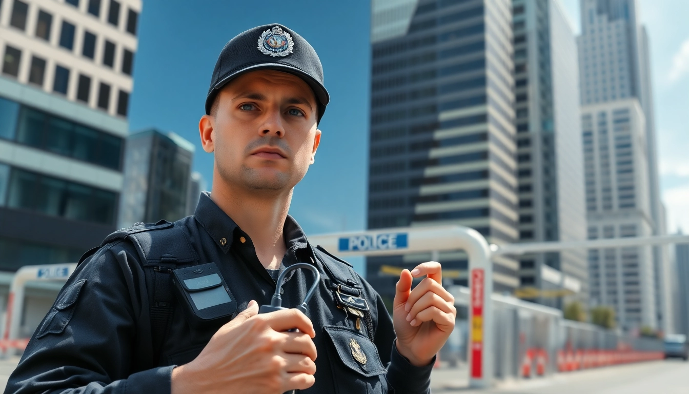 Showcasing professional security services with a diligent security officer at a city checkpoint.