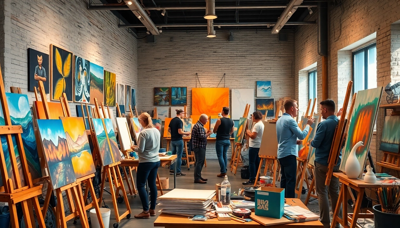 Local artists Calgary collaborating and creating art in a vibrant studio setting.