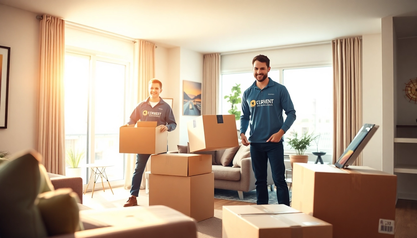Movers Calgary efficiently packing and arranging boxes in a bright living space.