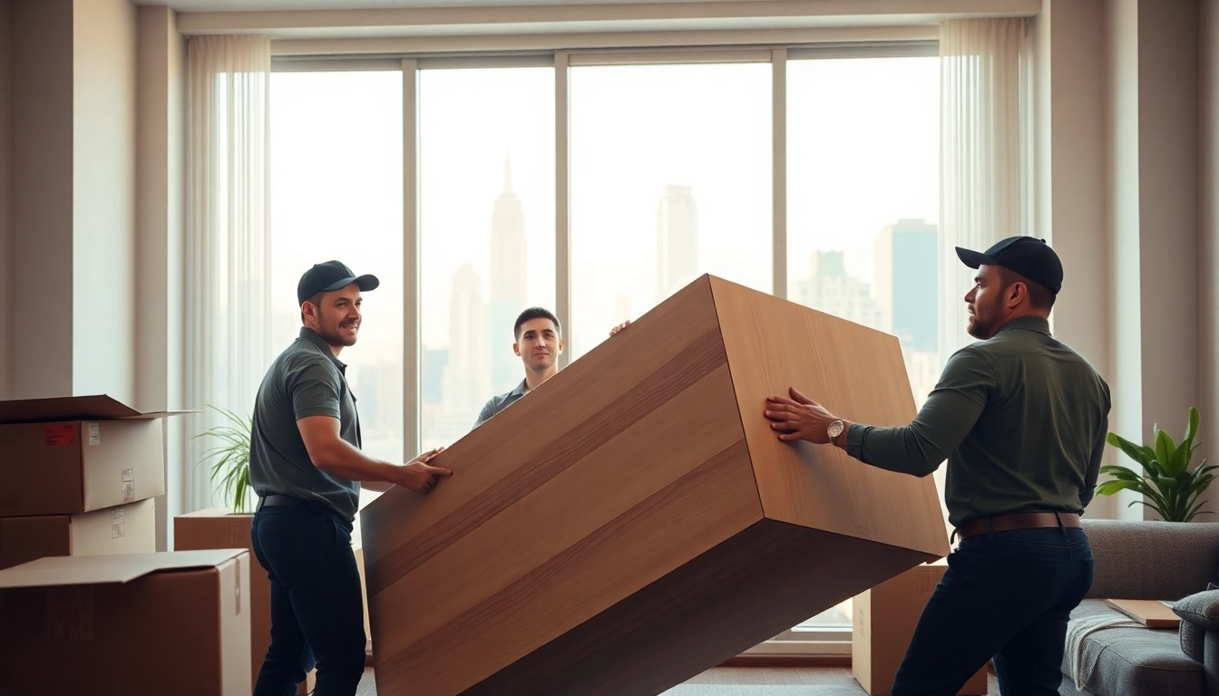 Movers nyc team expertly handling furniture in an energetic, bright NYC apartment during a relocation.