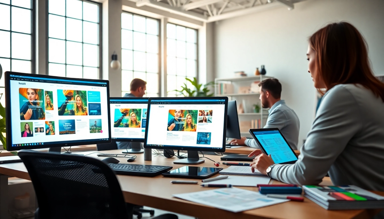 Showcasing web design Missouri with designers collaborating in a modern workspace filled with creativity.