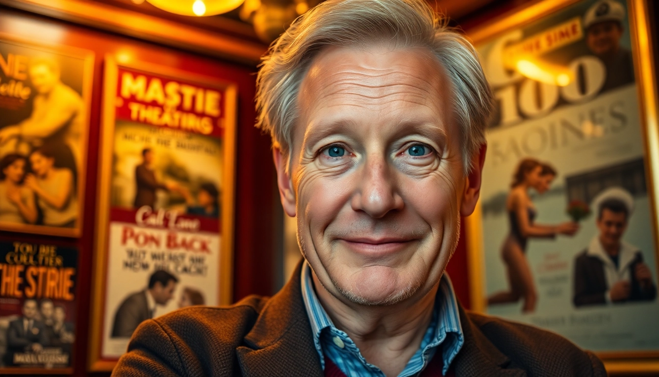 Actor James Broadbent in a vintage theater setting with warm lighting and rich colors.