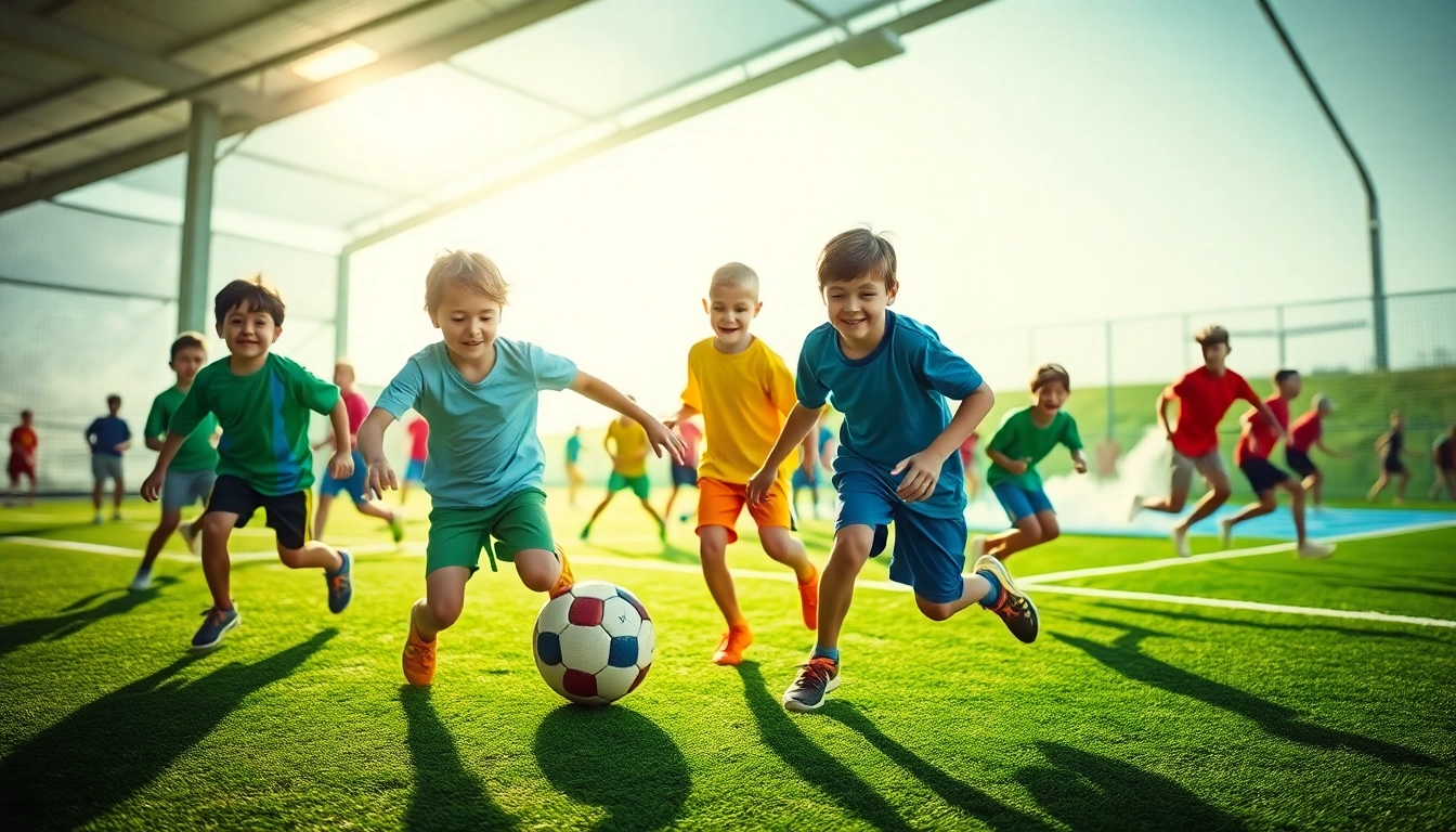 Engaged boys enjoying Multi Sports Camps for Boys with various sports activities in a lively outdoor setting.