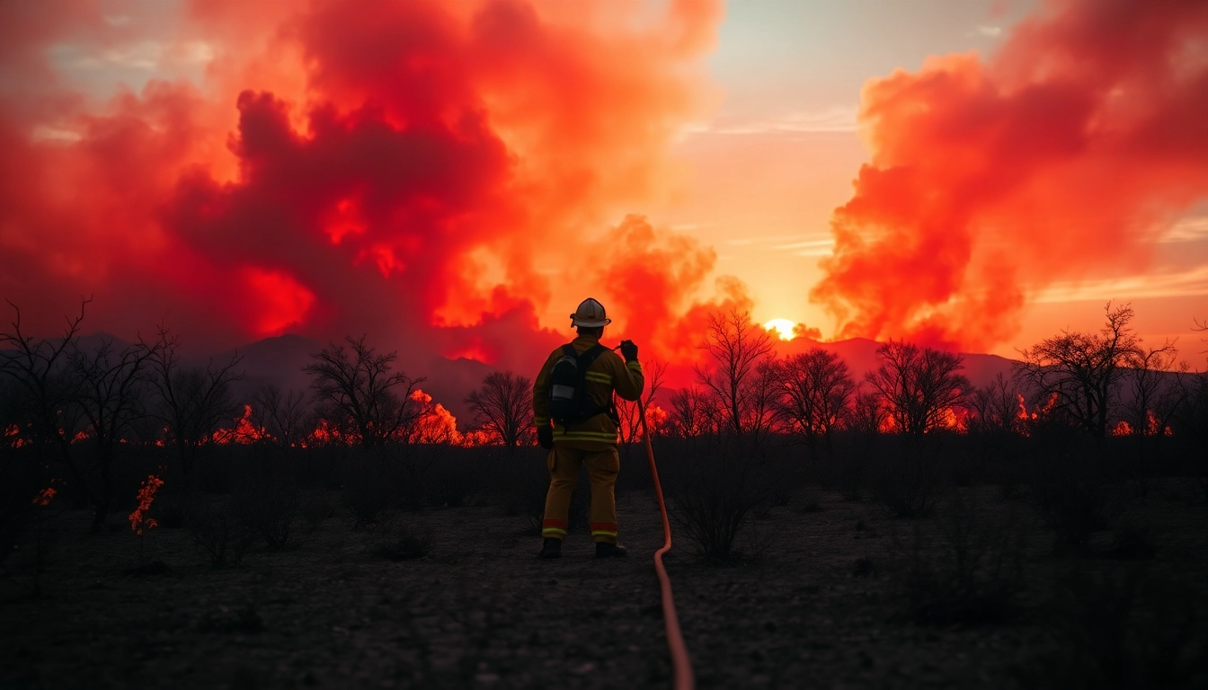 Firefighter battling wildfire events with flames and smoke filling the background.