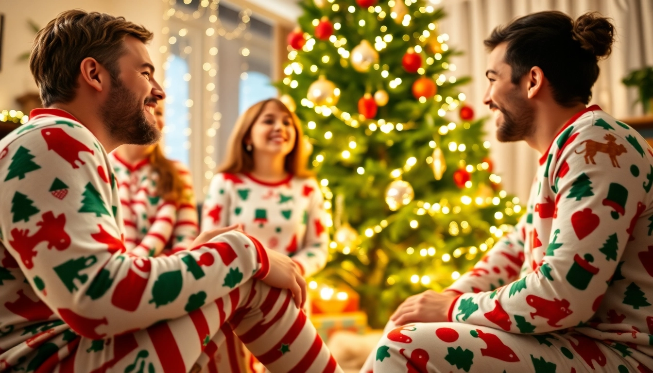 Families wearing matching Jammies Christmas celebrate joyfully around a decorated Christmas tree.