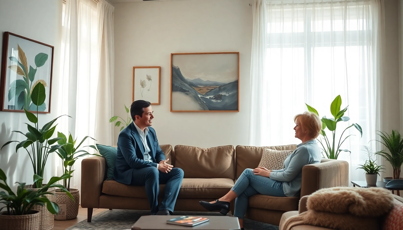 Psychologist engaging with a client in a tranquil, professional therapy setting.