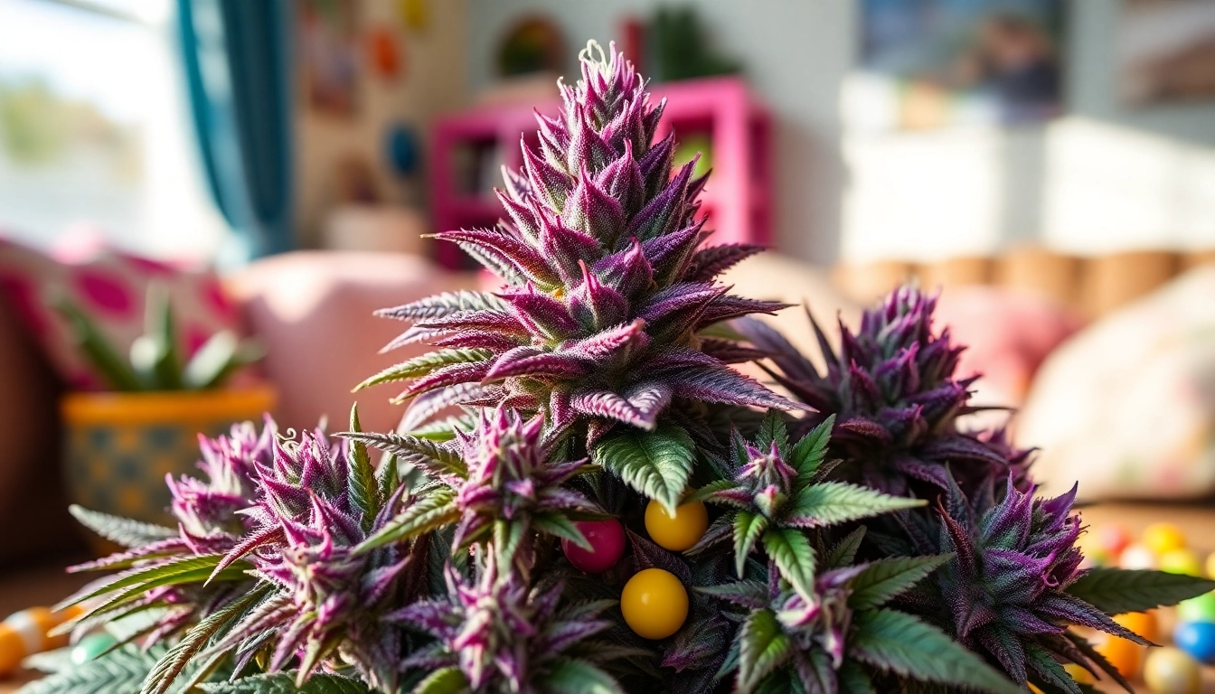 Showcasing the Miami Runtz strain buds highlighted by candy-inspired decorations.